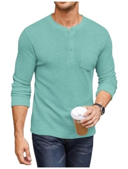 Men's Henley Shirts Long Sleeve Basic Waffle Pique Pullover T-Shirt with Pocket