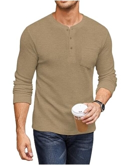 Men's Henley Shirts Long Sleeve Basic Waffle Pique Pullover T-Shirt with Pocket