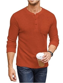 Men's Henley Shirts Long Sleeve Basic Waffle Pique Pullover T-Shirt with Pocket