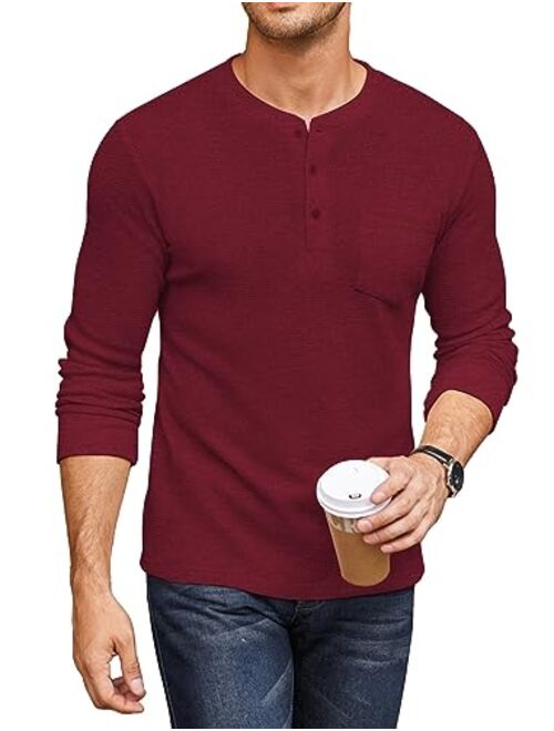 COOFANDY Men's Henley Shirts Long Sleeve Basic Waffle Pique Pullover T-Shirt with Pocket