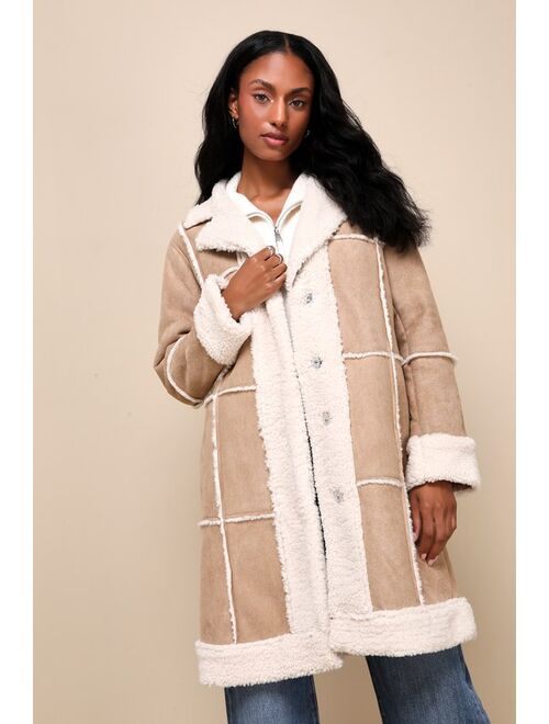 Lulus Warm Love Beige and Ivory Patchwork Shearling Coat