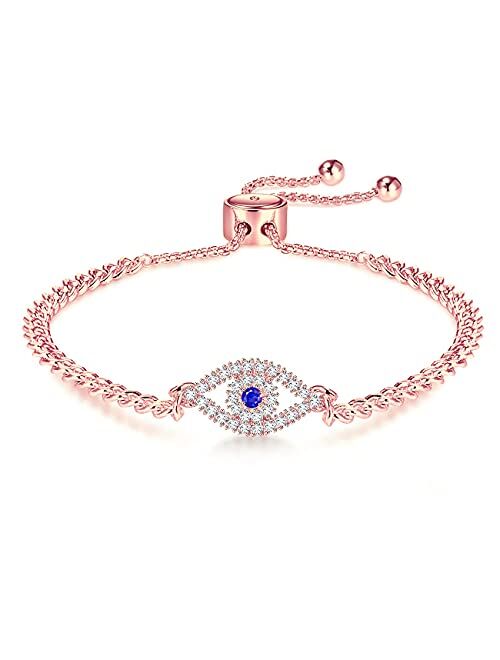 Apsvo Evil Eye Bracelet, Sideway Cross Bracelet, Silver/Gold/Rose Gold Bracelet for Women Girls Adjustable Slide Chain Jewelry