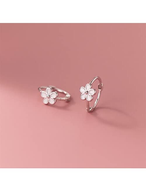 Reffeer Solid 925 Sterling Silver Daisy Hoop Earrings Huggies for Women Girls Small White Flower Hoop Earrings Cartilage Helix Earrings