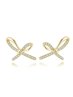 Reffeer Solid 925 Sterling Silver Bow Studs Earrings for Women Teen Girls CZ Bow Post Studs Earrings