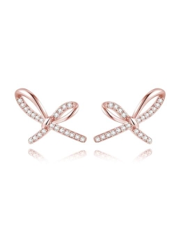 Reffeer Solid 925 Sterling Silver Bow Studs Earrings for Women Teen Girls CZ Bow Post Studs Earrings