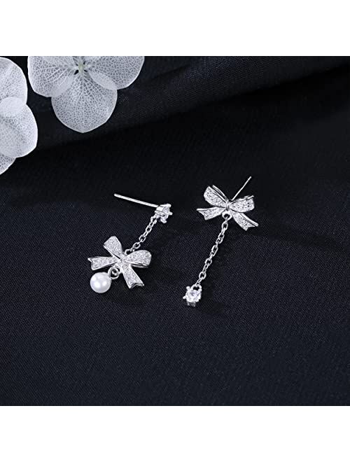 Reffeer Solid 925 Sterling Silver CZ Bow Drop Earrings for Women Girls Bowknot Dangle Earrings Chain Ribbon Earrings