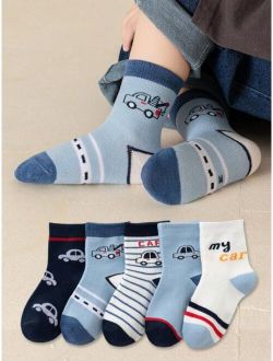 Shein 5 Pairs/set Boys' Cartoon Car Design Mid-calf Socks, Blue Color For Spring And Autumn