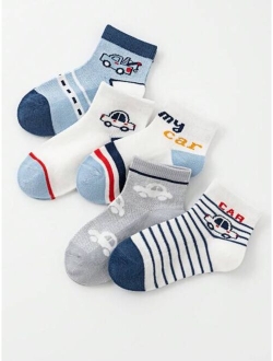 Shein 5 Pairs/set Boys' Cartoon Car Design Mid-calf Socks, Blue Color For Spring And Autumn