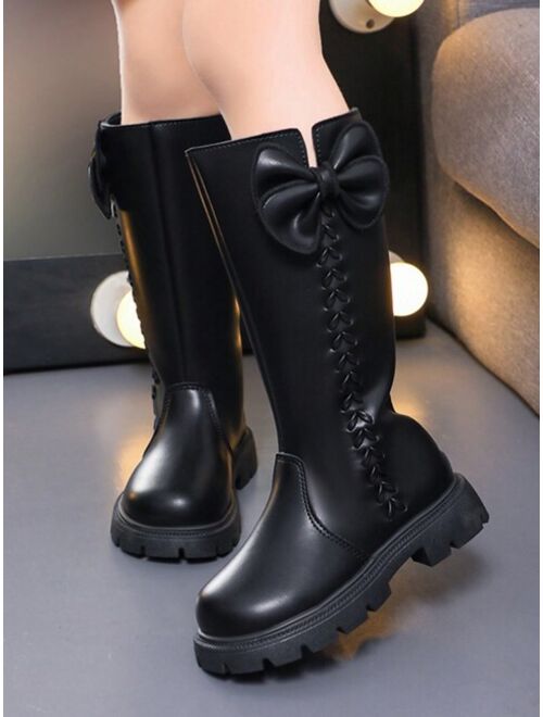 Shein Children's New Style Pure Color High Boots For Autumn And Winter, Girls' Bowknot Decorated Round-toe Leather Boots With Fleece Lining