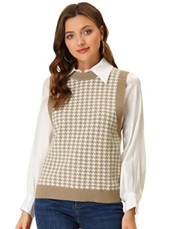 Women's Round Neck Vest Sleeveless Houndstooth Plaid Knitted Sweater