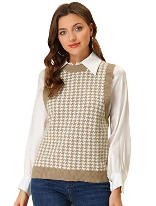 Allegra K Women's Round Neck Vest Sleeveless Houndstooth Plaid Knitted Sweater