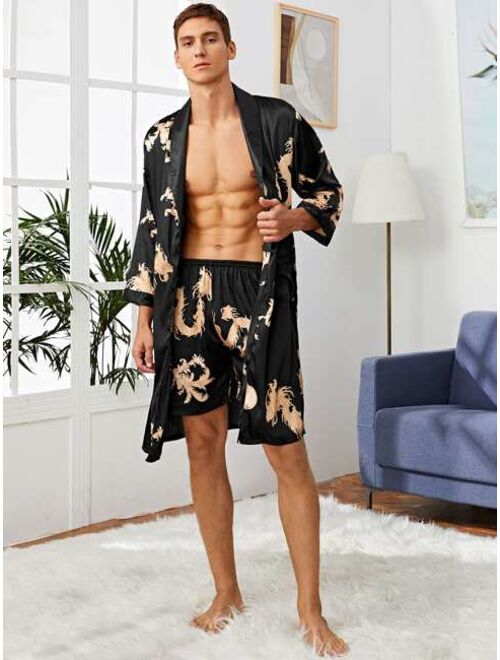 Men Satin Tribal Print Robe Set