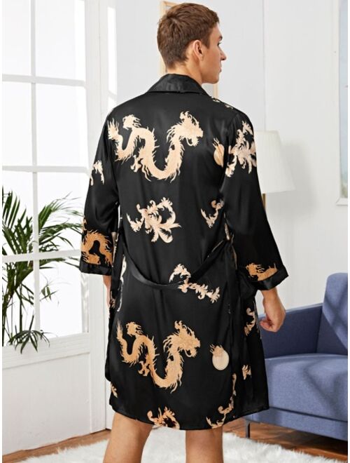 Men Satin Tribal Print Robe Set