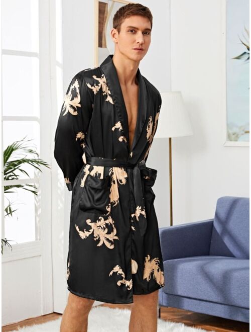 Men Satin Tribal Print Robe Set