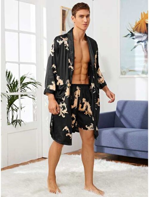 Men Satin Tribal Print Robe Set