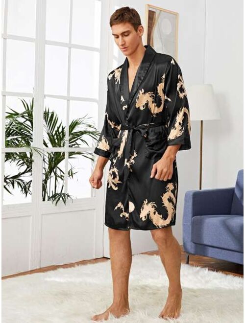 Men Satin Tribal Print Robe Set