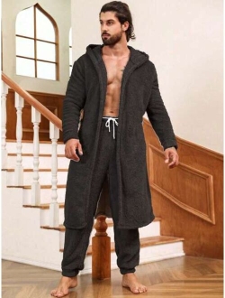 Men Dual Pocket Hooded Belted Flannel Robe Pants PJ Set