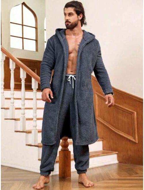 Men Dual Pocket Hooded Belted Flannel Robe Pants PJ Set