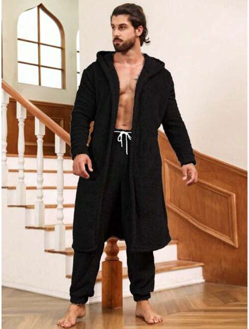 Men Dual Pocket Hooded Belted Flannel Robe Pants PJ Set