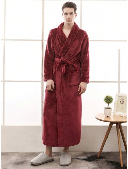 1pc Men S Casual Solid Color Thickened Long Robe For Couple Made Of Flannel Home Wear