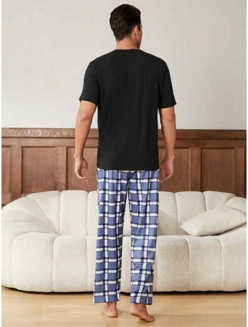 Men s Plaid Short Sleeve And Long Pants Homewear Set