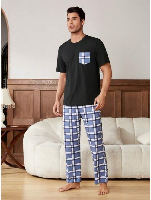 Men s Plaid Short Sleeve And Long Pants Homewear Set