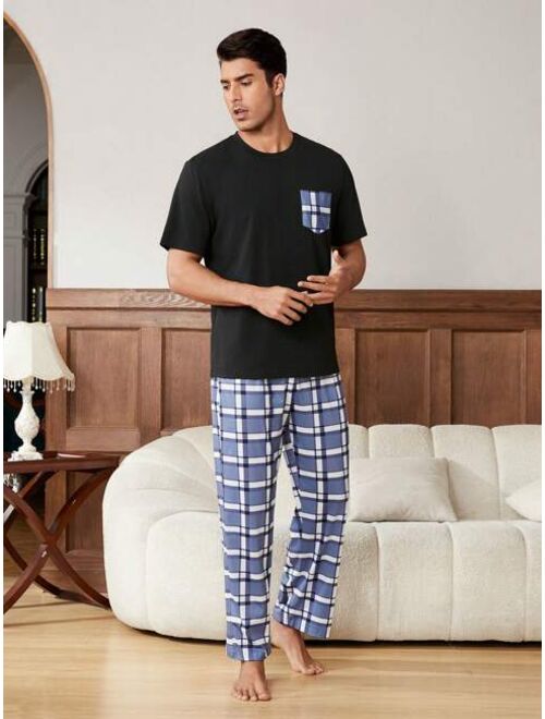 Men s Plaid Short Sleeve And Long Pants Homewear Set