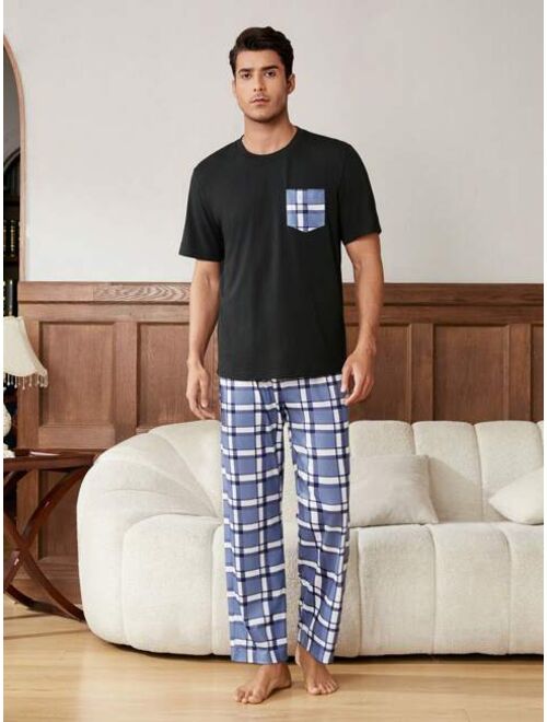 Men s Plaid Short Sleeve And Long Pants Homewear Set