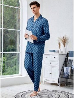 Men Satin Checker Print PJ Set