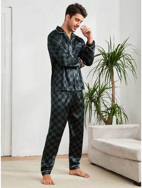 Men Satin Checker Print PJ Set