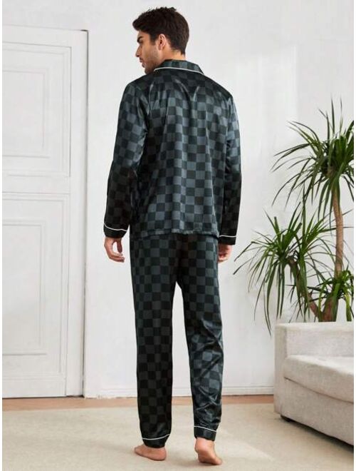 Men Satin Checker Print PJ Set