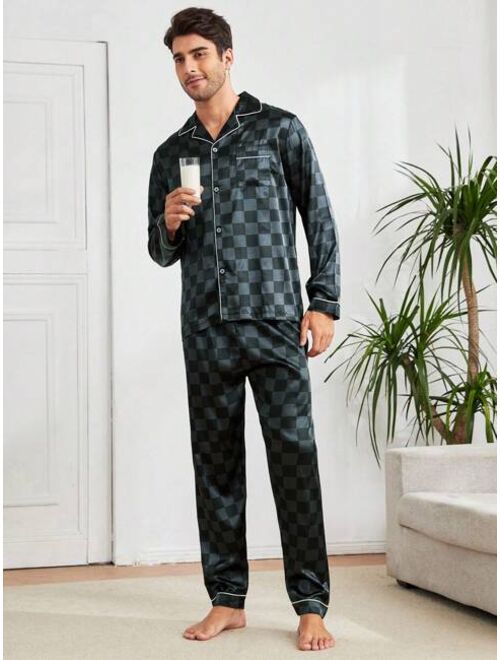 Men Satin Checker Print PJ Set