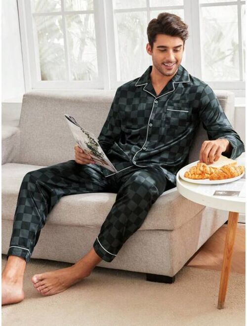 Men Satin Checker Print PJ Set