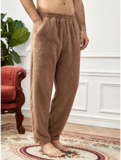 Men Solid Elastic Waist Teddy Pajama Pants