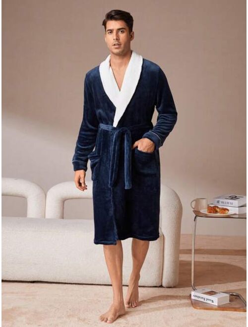 Men Dual Pocket Hooded Belted Sleep Robe