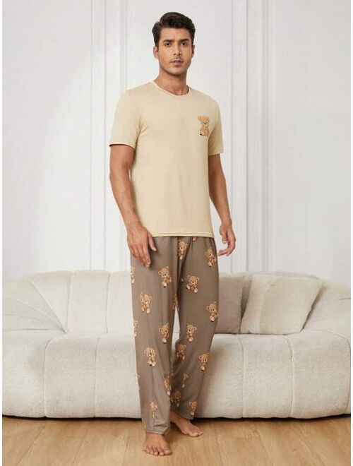 Men s Cartoon Bear Patterned Short Sleeve Pullover Top And Long Pants Homewear Set