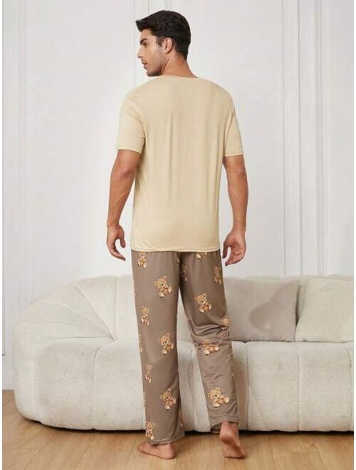 Men s Cartoon Bear Patterned Short Sleeve Pullover Top And Long Pants Homewear Set