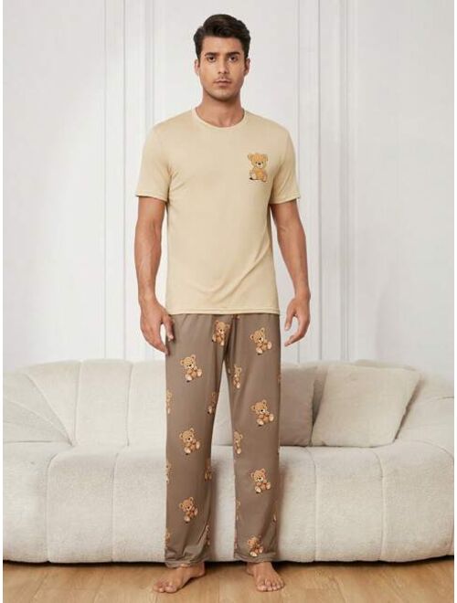 Men s Cartoon Bear Patterned Short Sleeve Pullover Top And Long Pants Homewear Set