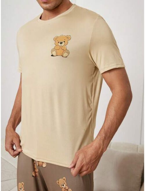 Men s Cartoon Bear Patterned Short Sleeve Pullover Top And Long Pants Homewear Set