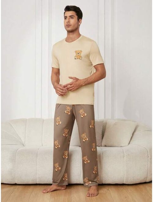 Men s Cartoon Bear Patterned Short Sleeve Pullover Top And Long Pants Homewear Set