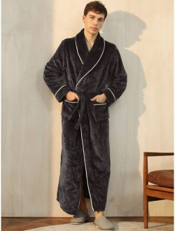 Men s Long Thick Velvet Bathrobe With Simple Dark Collar Coral Fleece Autumn And Winter