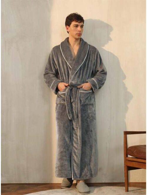 Men s Long Thick Velvet Bathrobe With Simple Dark Collar Coral Fleece Autumn And Winter