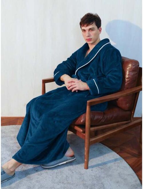 Men s Long Thick Velvet Bathrobe With Simple Dark Collar Coral Fleece Autumn And Winter