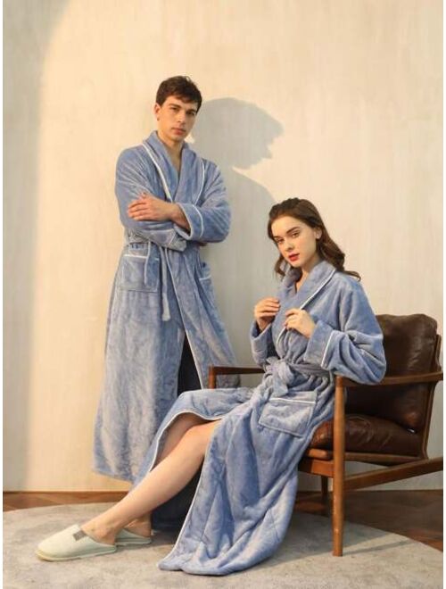 Men s Long Thick Velvet Bathrobe With Simple Dark Collar Coral Fleece Autumn And Winter