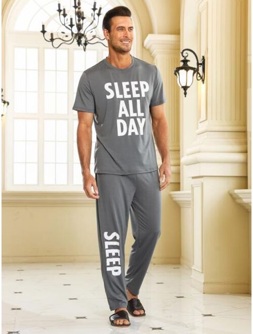 Men Slogan Graphic PJ Set