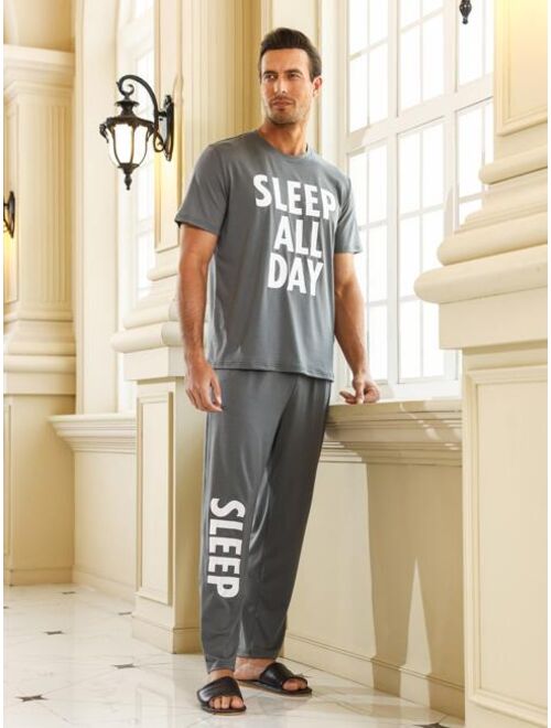 Men Slogan Graphic PJ Set