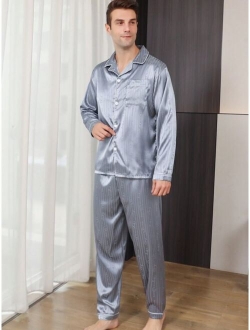 Men Striped Jacquard Satin PJ Set