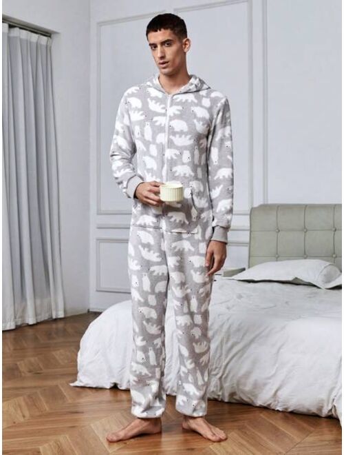 Men s Hooded With Polar Bear Print Homewear Jumpsuit