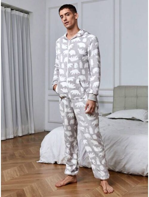 Men s Hooded With Polar Bear Print Homewear Jumpsuit