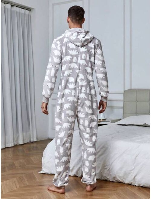 Men s Hooded With Polar Bear Print Homewear Jumpsuit